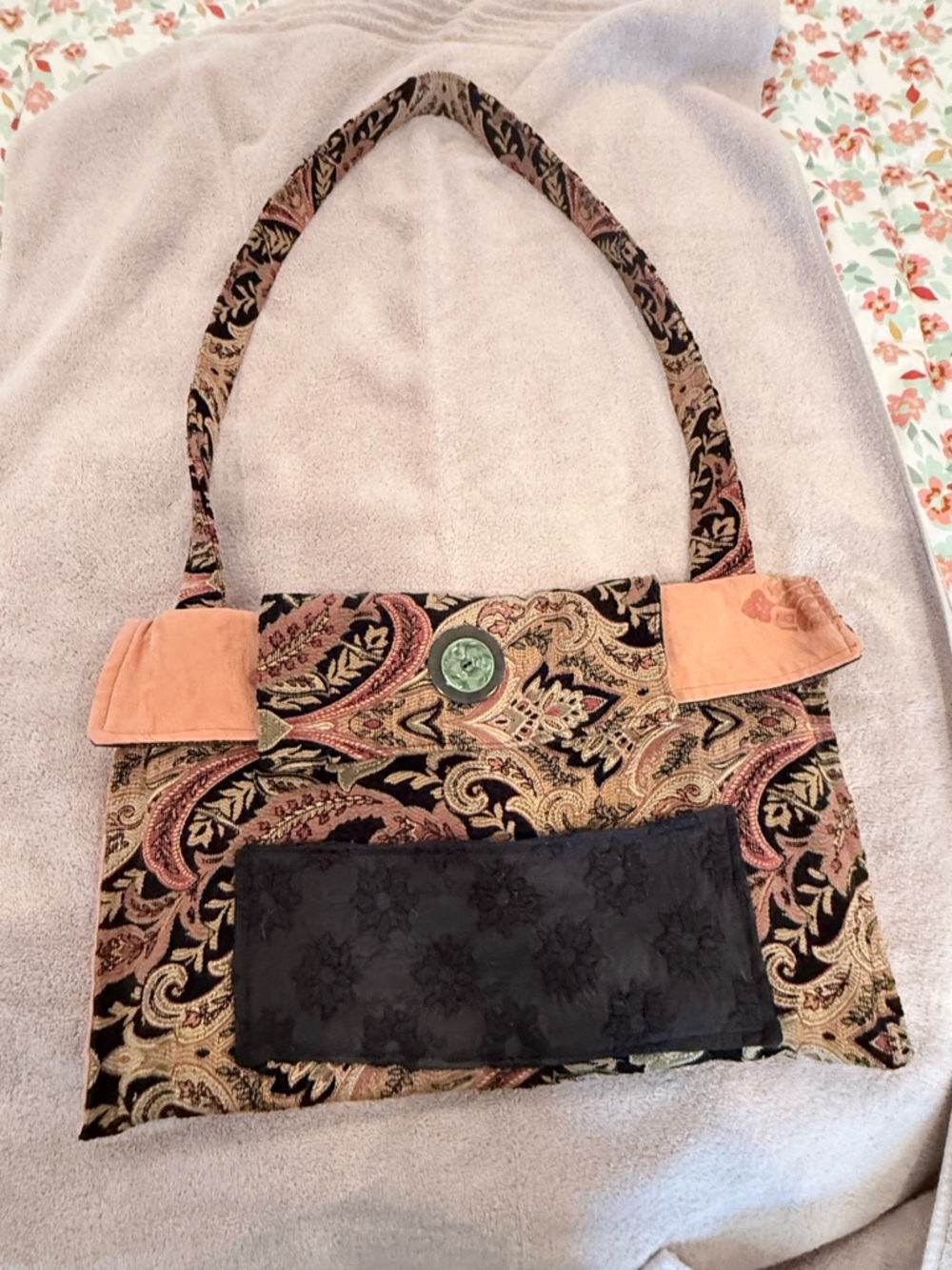 Hand Made Paisley-Patterned Shoulder Bag with Coral Accents
